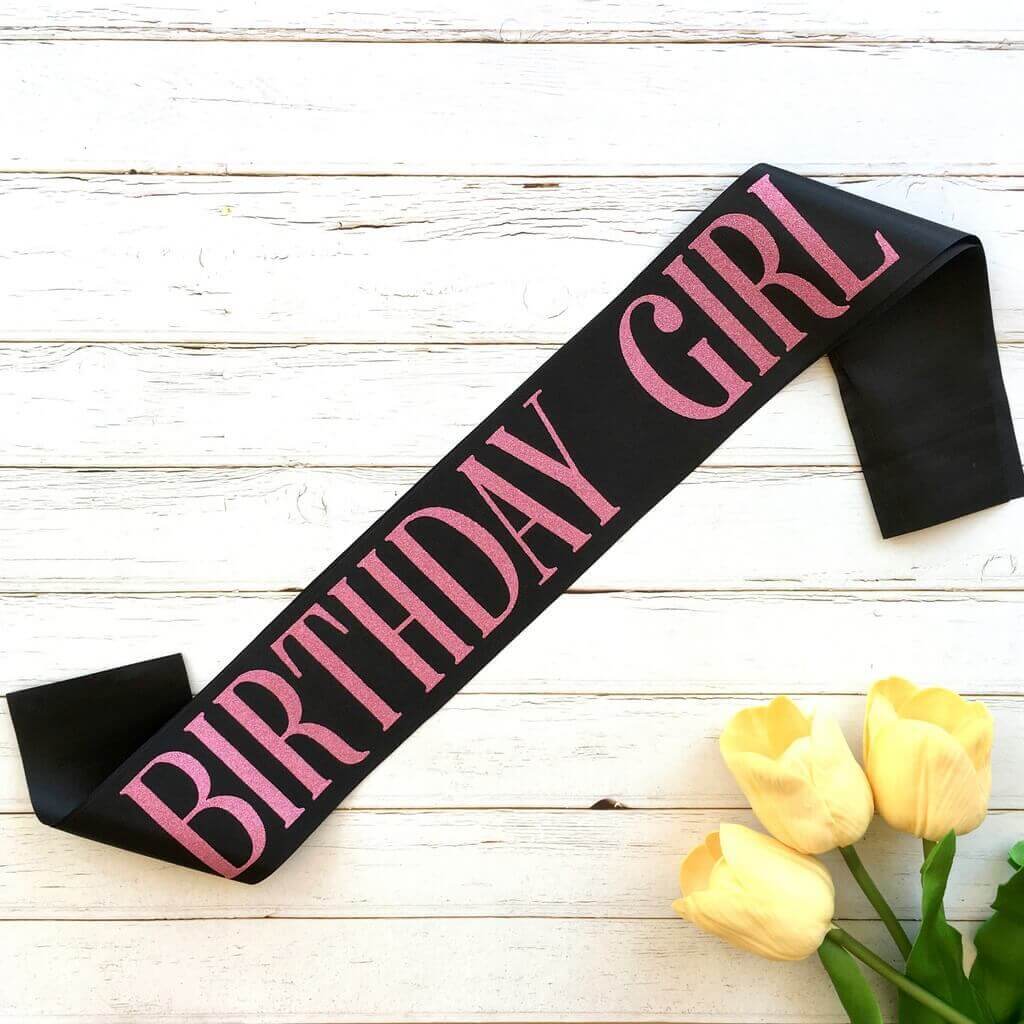Online Party Supplies Pink Glitter 'Birthday Girl' Luxurious Black Satin Sash