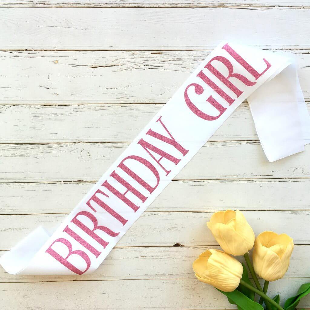 Online Party Supplies Pink Glitter 'Birthday Girl' Luxurious White Satin Party Sash