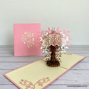 Handmade Pink and White Rose Tree Pop Up Card - 3D Floral Valentine's Day Pop Out Cards