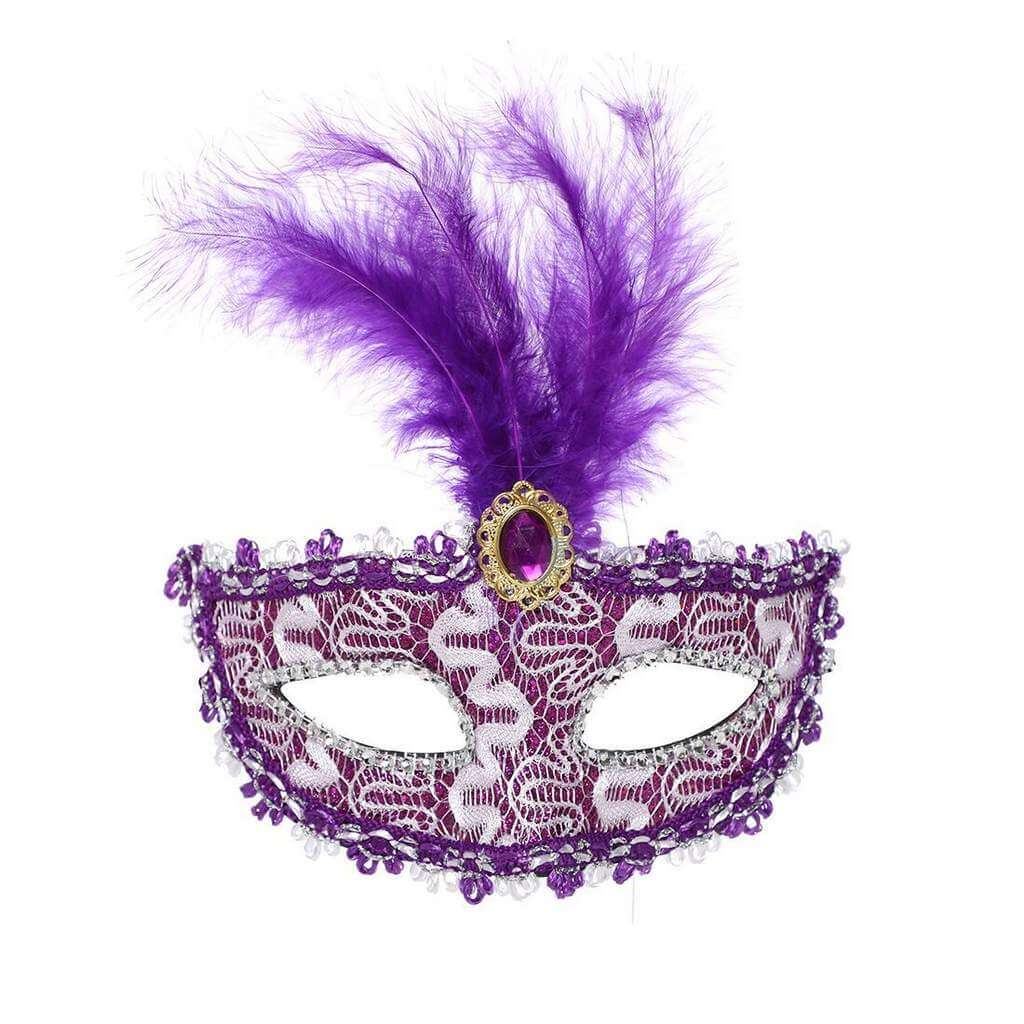 Elegant Tall Feather Lace Masquerade Mask for Women - Purple