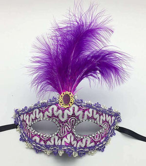 Elegant Tall Feather Lace Masquerade Mask for Women - Purple