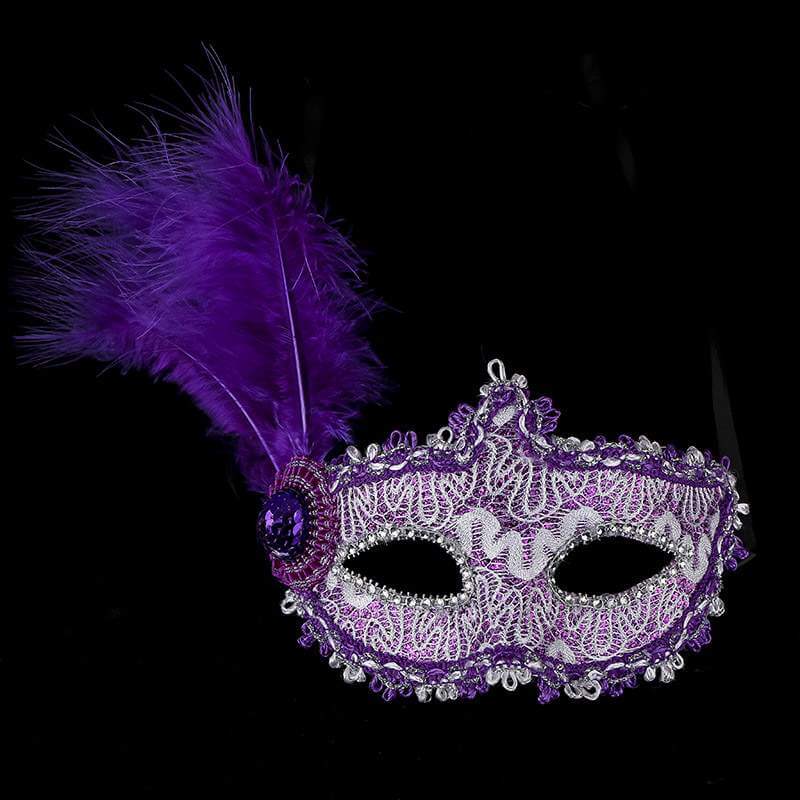Glitter Lace Tall Feather Masquerade Mask - Purple