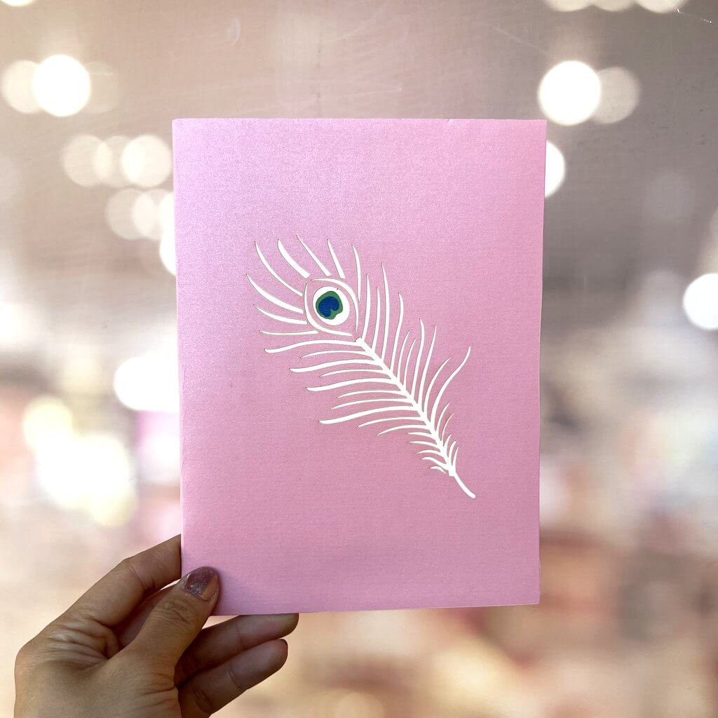 Handmade Rainbow Peacock Pop Up Greeting Card - Pink Cover