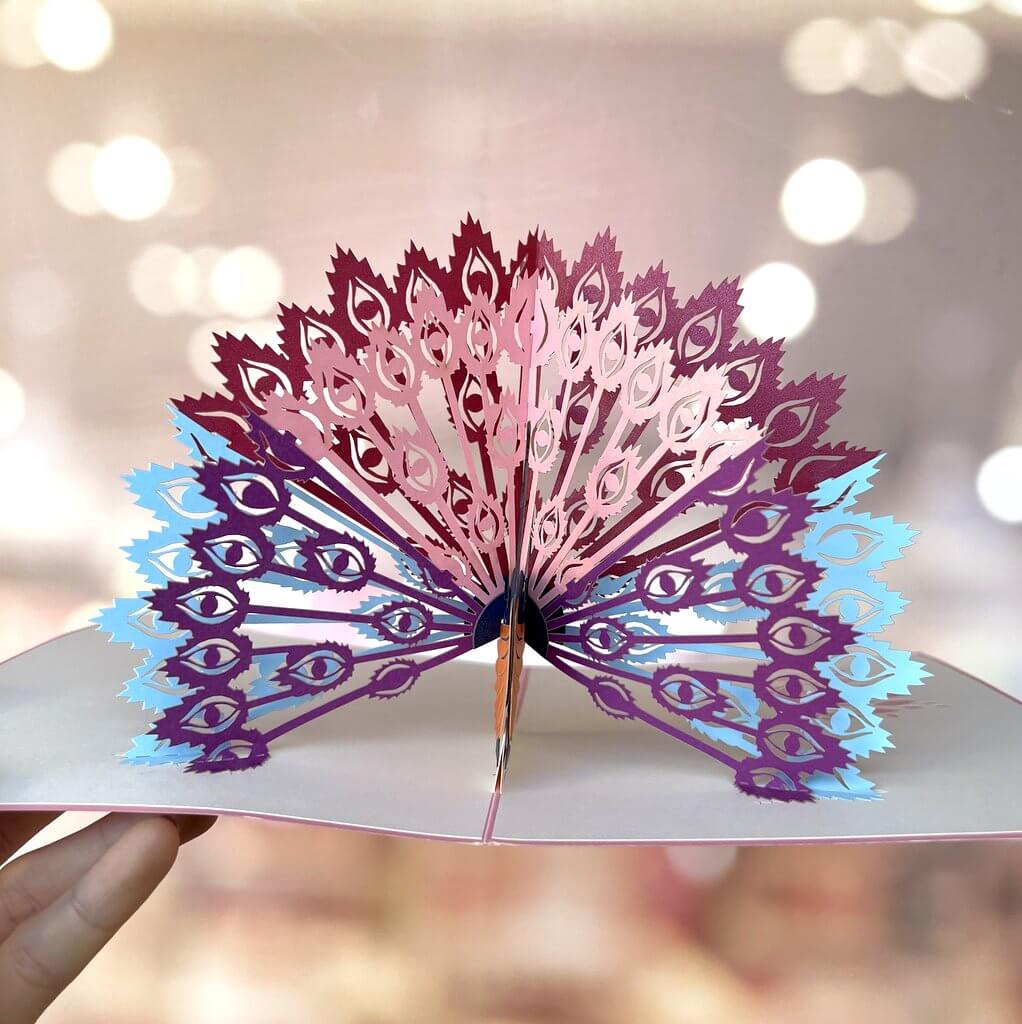 Handmade Rainbow Peacock Pop Up Greeting Card - Pink Cover