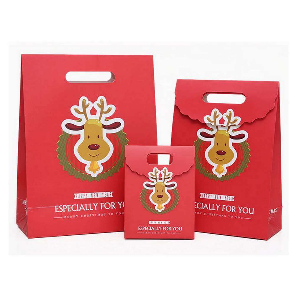 Red Christmas Paper Gift Bag with Reindeer – Xmas Party Favour Bag