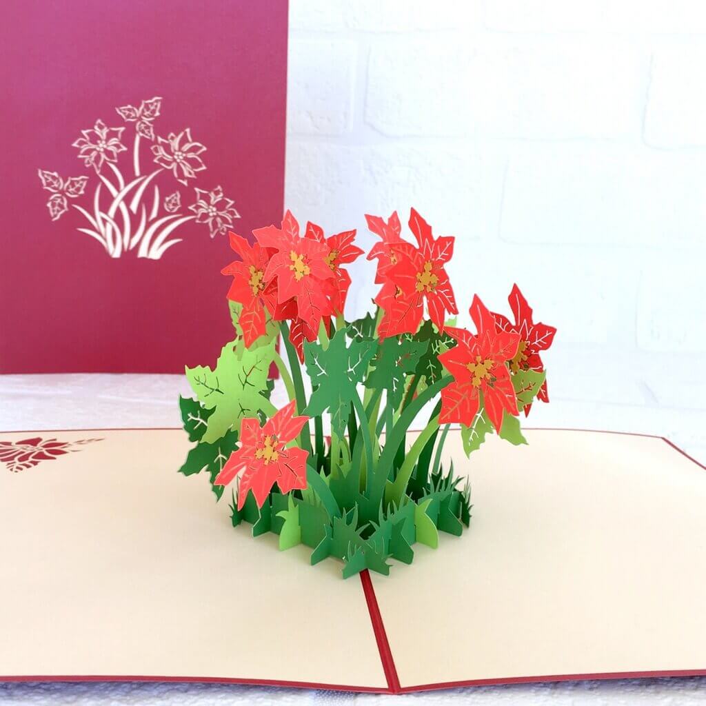 Handmade Online Party Supplies Red Flowering Poinsettia Bush 3D Pop Up Christmas Card