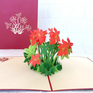 Handmade Online Party Supplies Red Flowering Poinsettia Bush 3D Pop Up Christmas Card