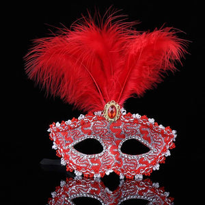 Elegant Tall Feather Lace Masquerade Mask for Women - Red