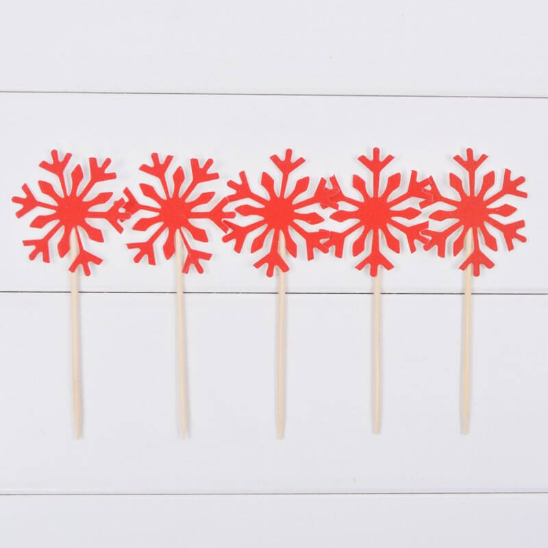 Red Glitter Snowflake Paper Cupcake Topper 10 Pack