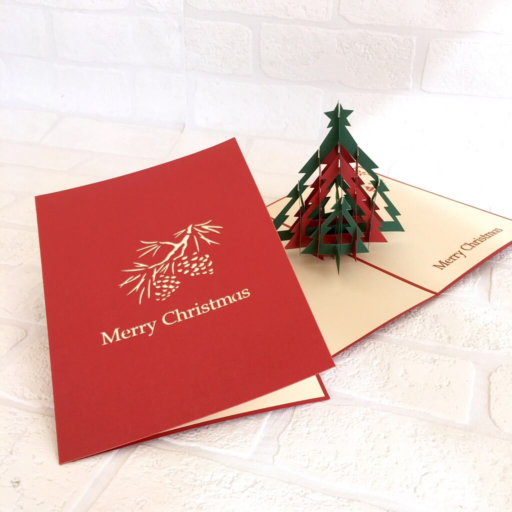 Handmade Red & Green Christmas Tree Pop Up Greeting Card - 3D Pop Up Xmas Cards Cover