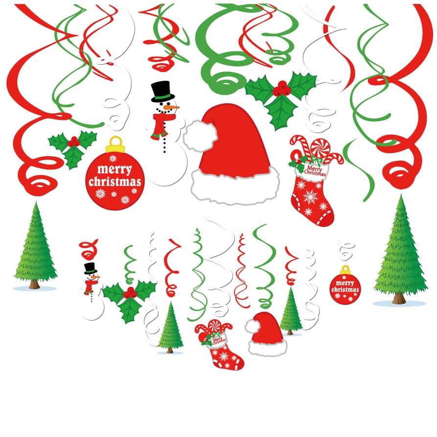 Merry Christmas Foil Hanging Spiral Swirls Decorations 30 Pack