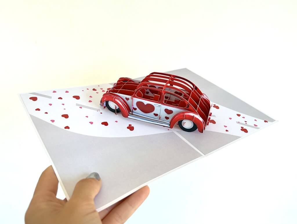 Red Love Heart Vintage Car 3D Pop Up Greeting Card