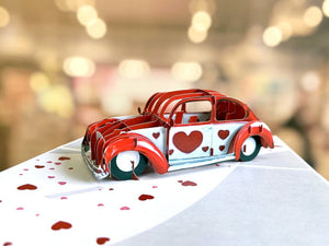 Red Love Heart Vintage Car 3D Pop Up Greeting Card