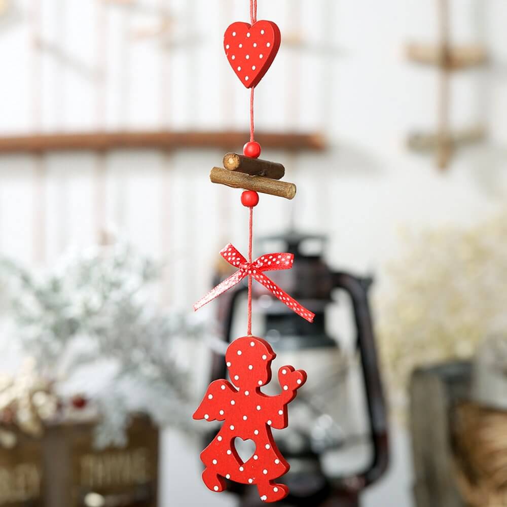 Red Painted Wooden Christmas Tree Hanging Ornament - Angels