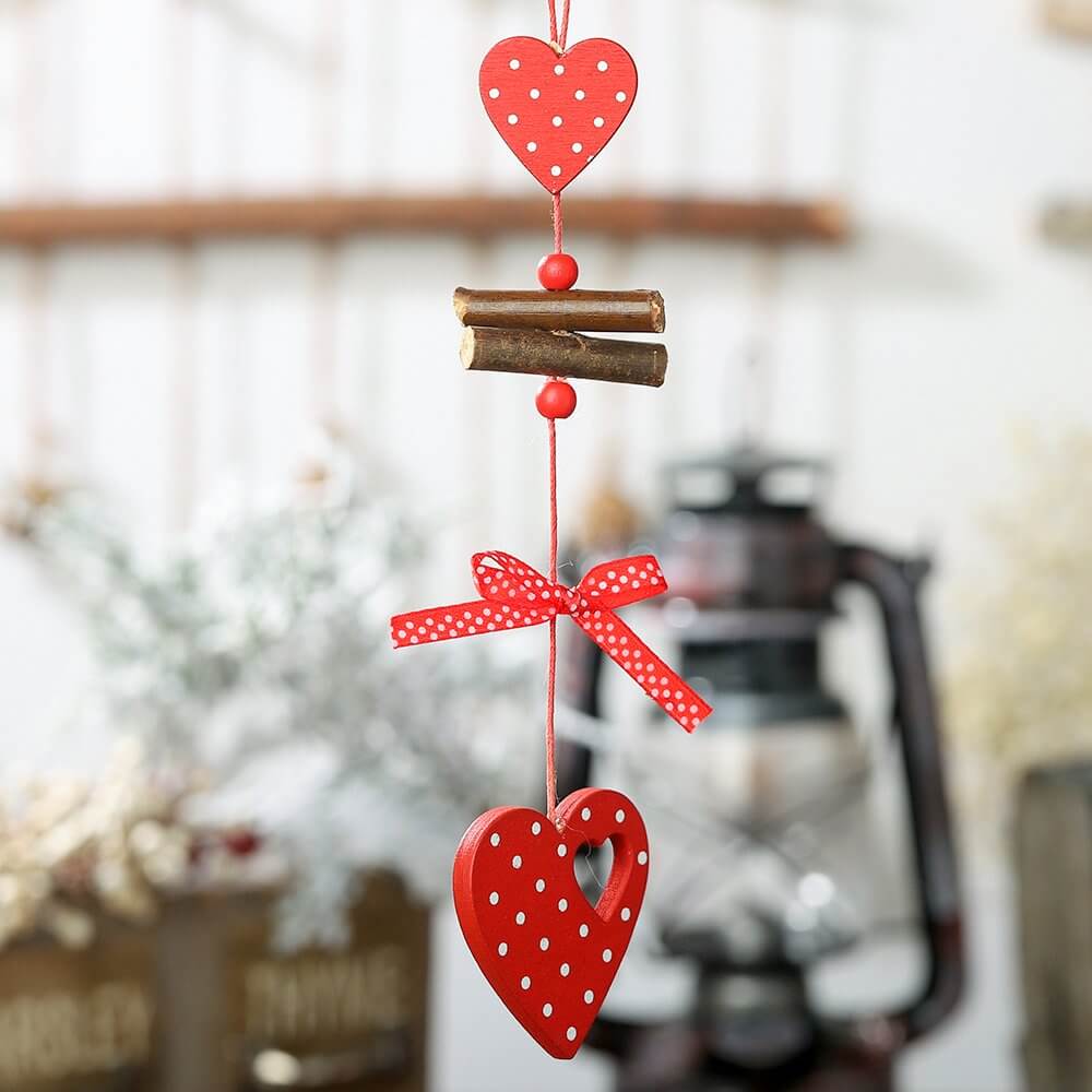 Red Painted Wooden Christmas Tree Hanging Ornament - Hearts