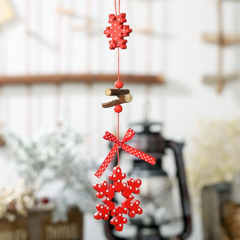 Red Painted Wooden Christmas Tree Hanging Ornament - Snowflakes