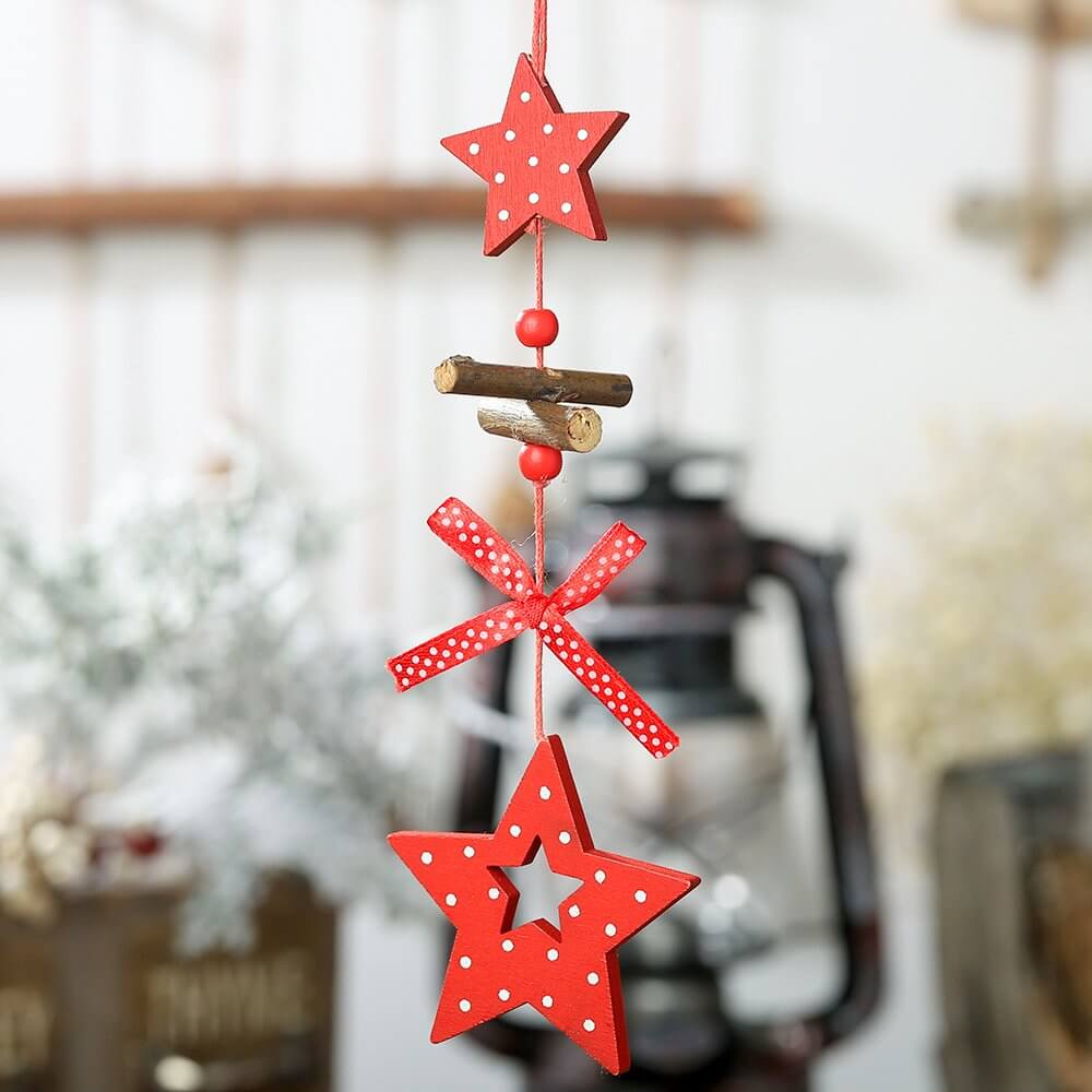 Red Painted Wooden Christmas Tree Hanging Ornament - Stars