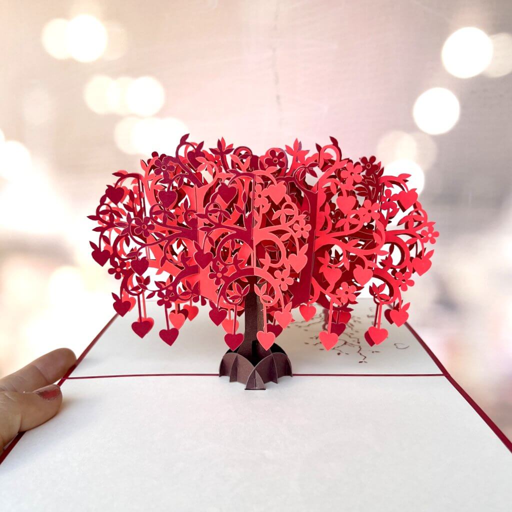 Handmade Red Tree Of Love Hearts 3D Pop Up Card - Red Cover