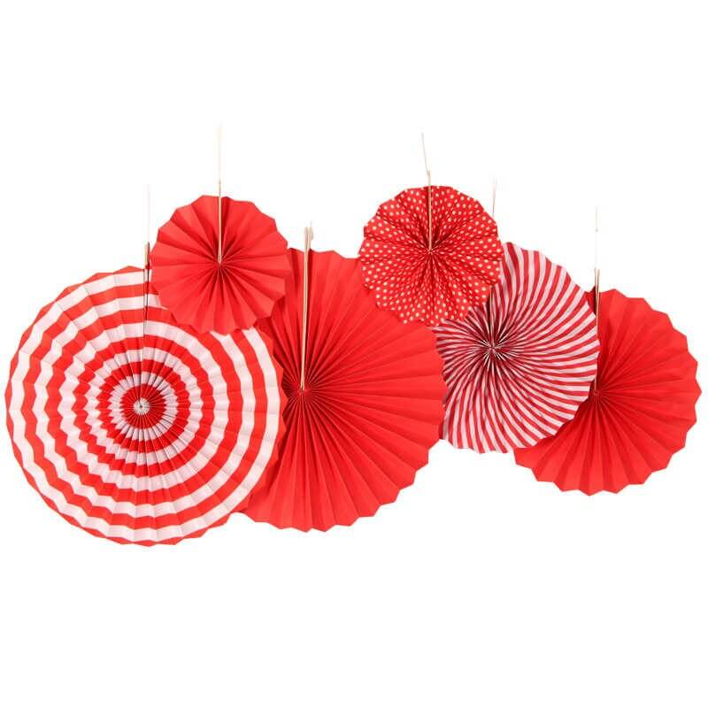 Red & White Hanging Paper Fan Decorations (Set of 6)