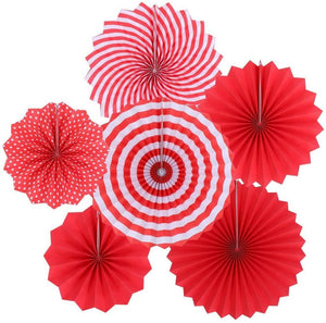 Red & White Hanging Paper Fan Decorations (Set of 6)