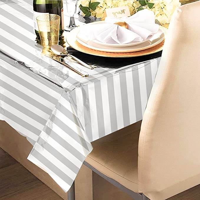 Metallic foil Rectangular Silver & White Stripe Table Cover