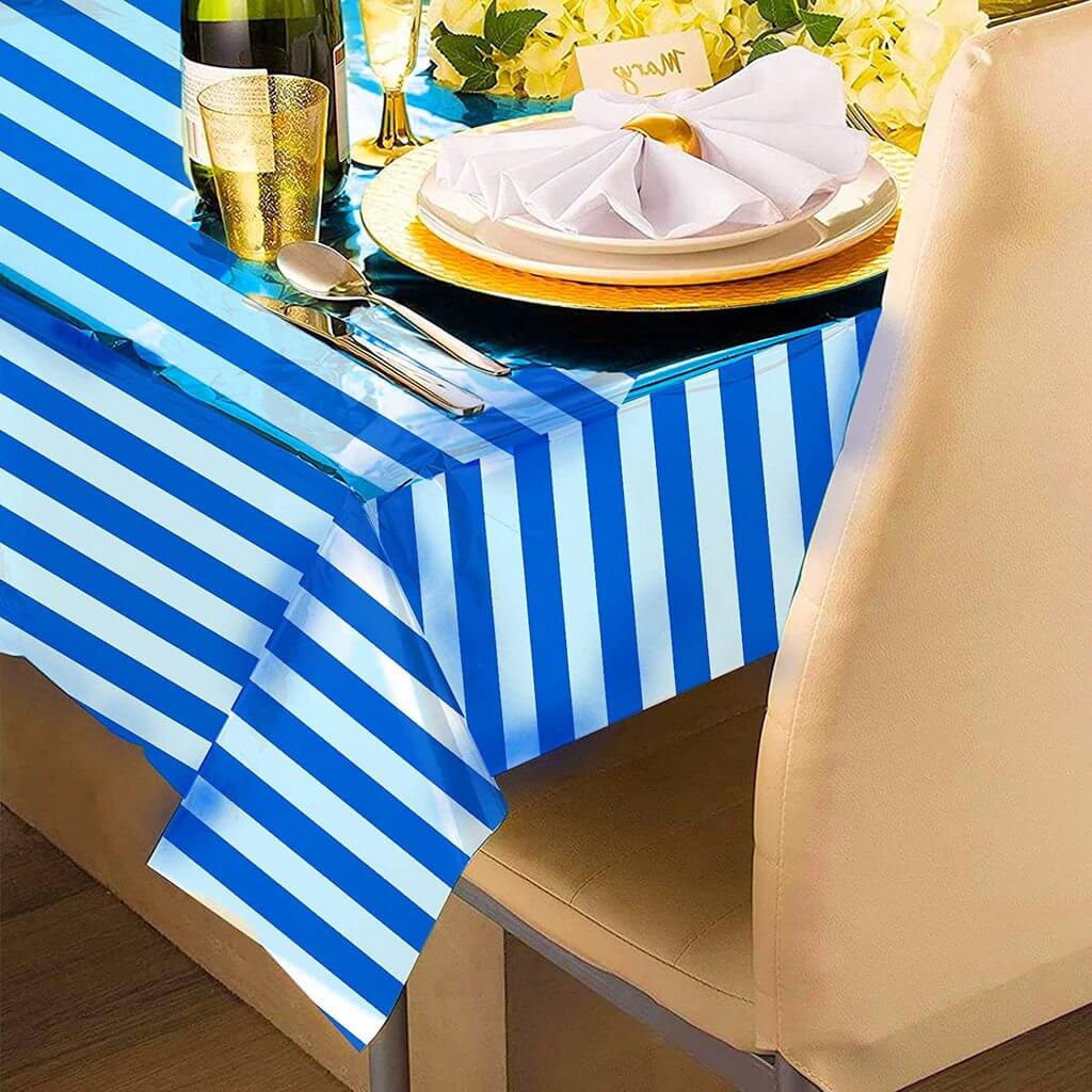 Metallic Plastic Rectangular Blue White Stripe Table Cover