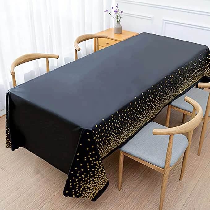 Plastic Rectangular Gold Confetti Dot Black Tablecover