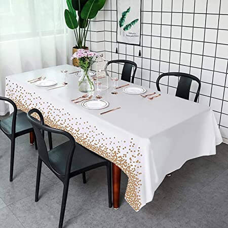 Plastic Rectangular Gold Confetti Dot White Tablecover