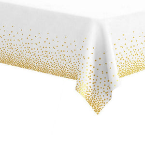 Plastic Rectangular Gold Confetti Dot White Tablecover
