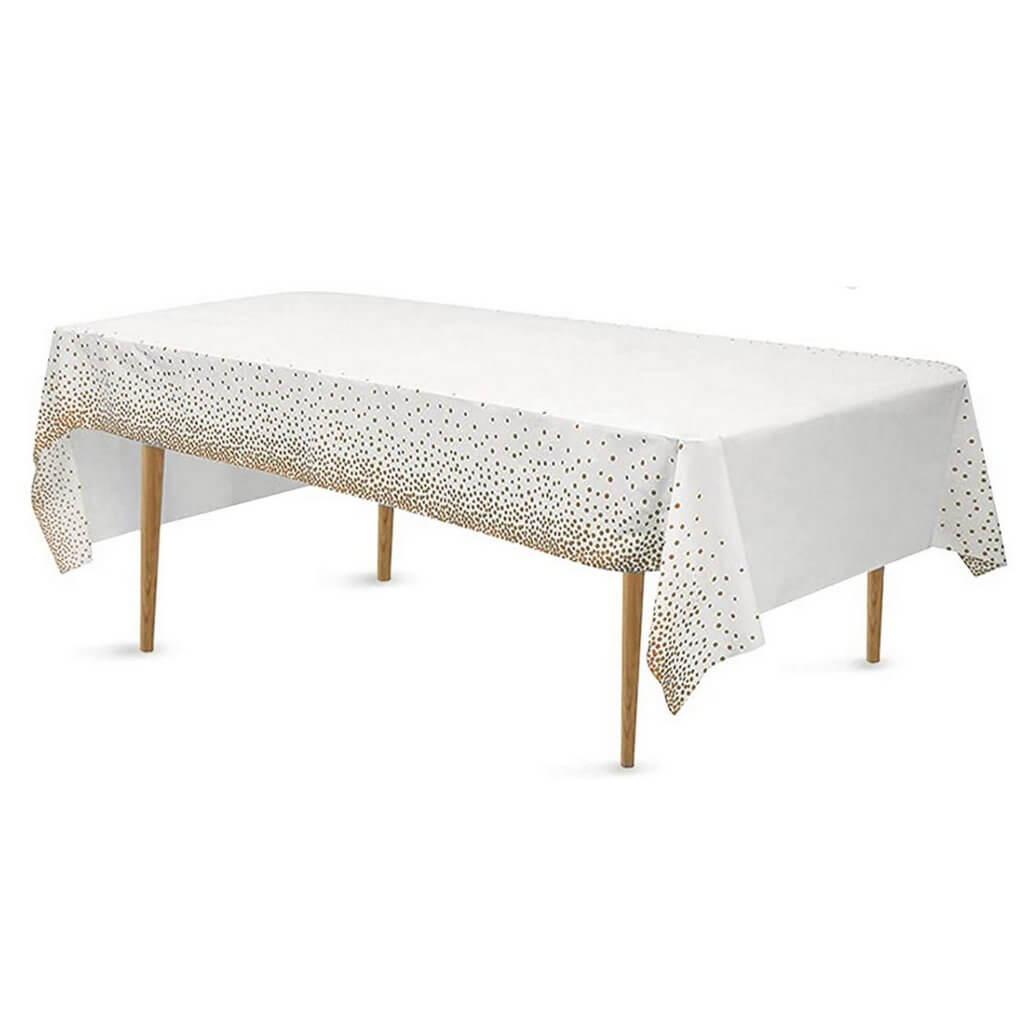 Plastic Rectangular Gold Confetti Dot White Tablecover