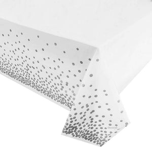 Plastic Rectangular Silver Confetti Dot White Tablecover
