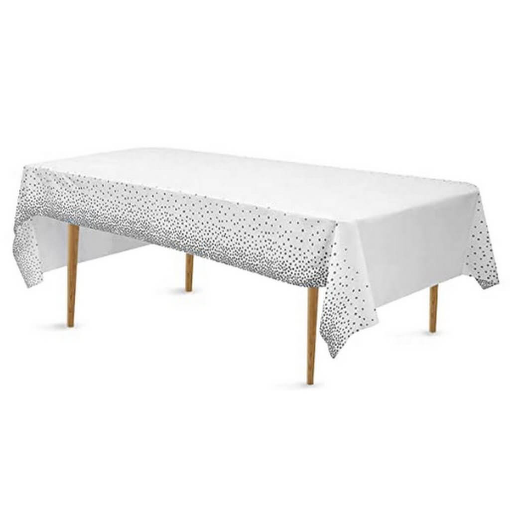 Plastic Rectangular Silver Confetti Dot White Tablecover