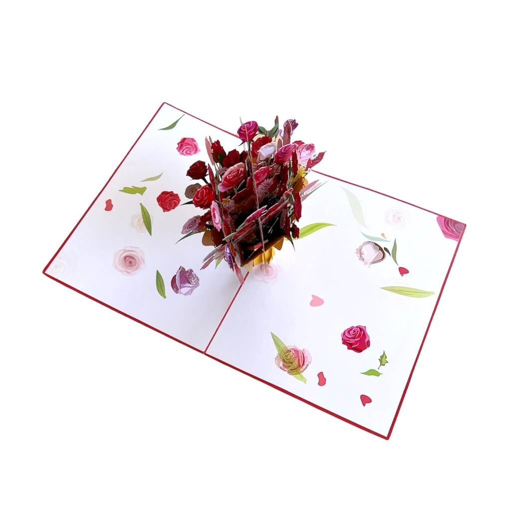 Handmade Red & Pink Romantic Sweetheart Rose Bouquet 3D Valentine's Day Pop Up Greeting Card