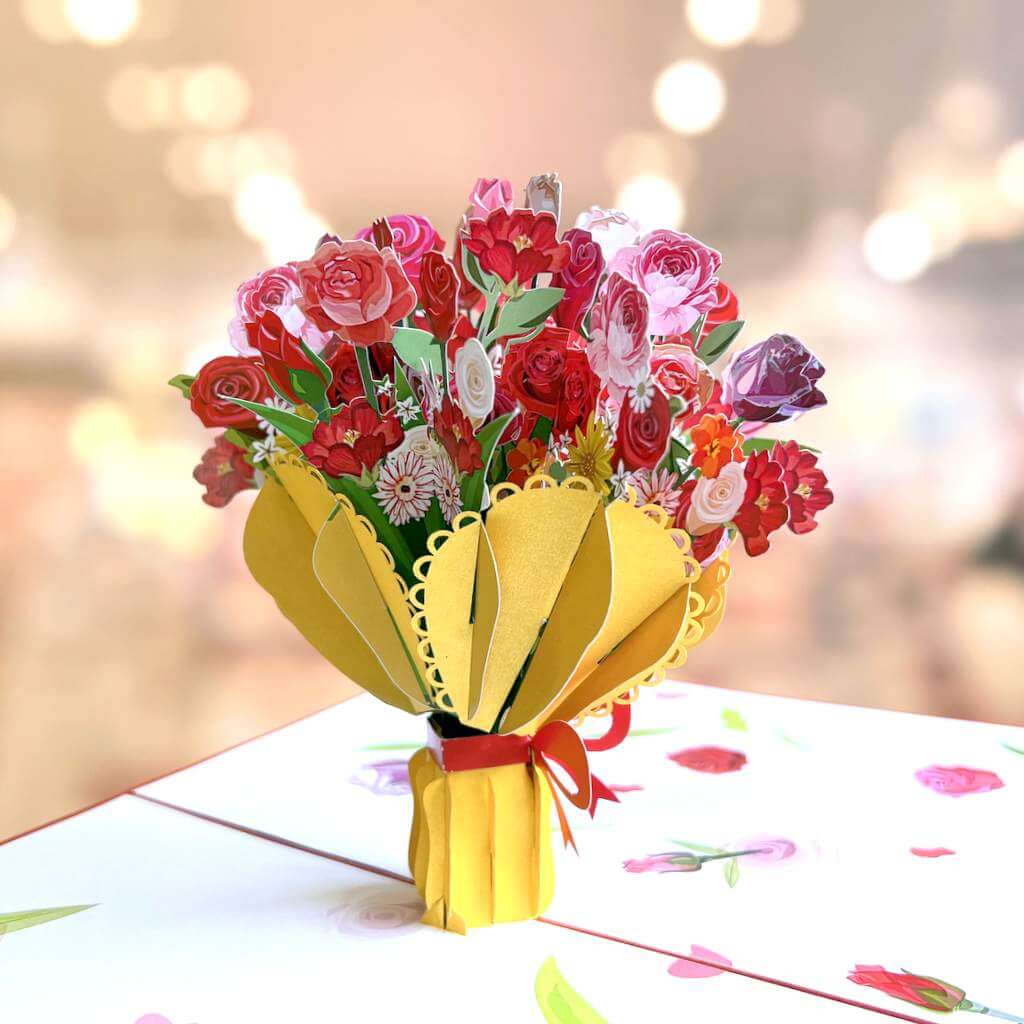 Handmade Red & Pink Romantic Sweetheart Rose Bouquet 3D Valentine's Day Pop Up Greeting Card