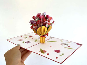 Handmade Red & Pink Romantic Sweetheart Rose Bouquet 3D Valentine's Day Pop Up Greeting Card