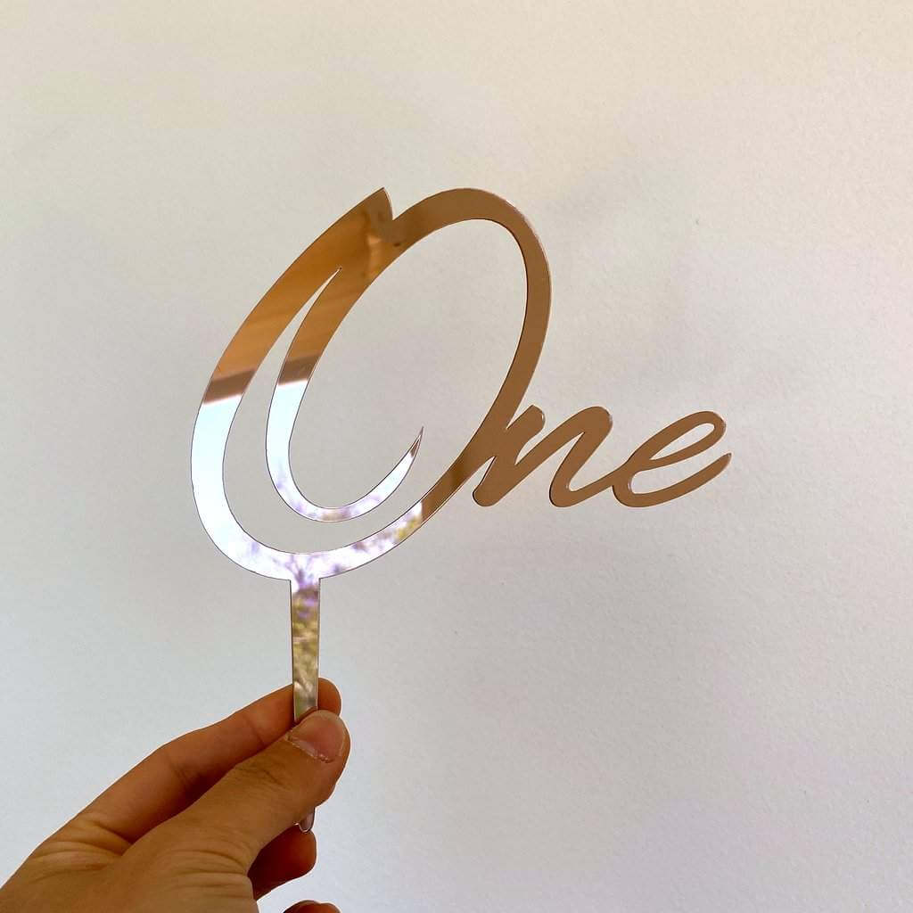Rose Gold Mirror Acrylic One Script Happy First Birthday Cake TopperRose Gold Mirror Acrylic One Script Happy First Birthday Cake Topper