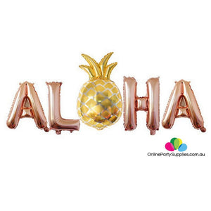 Rose Gold ALOHA With Gold Pineapple Foil Balloon Banner - Online Party Supplies