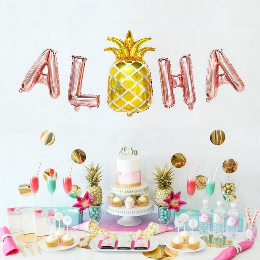 Rose Gold ALOHA With Gold Pineapple Foil Balloon Banner - Online Party Supplies