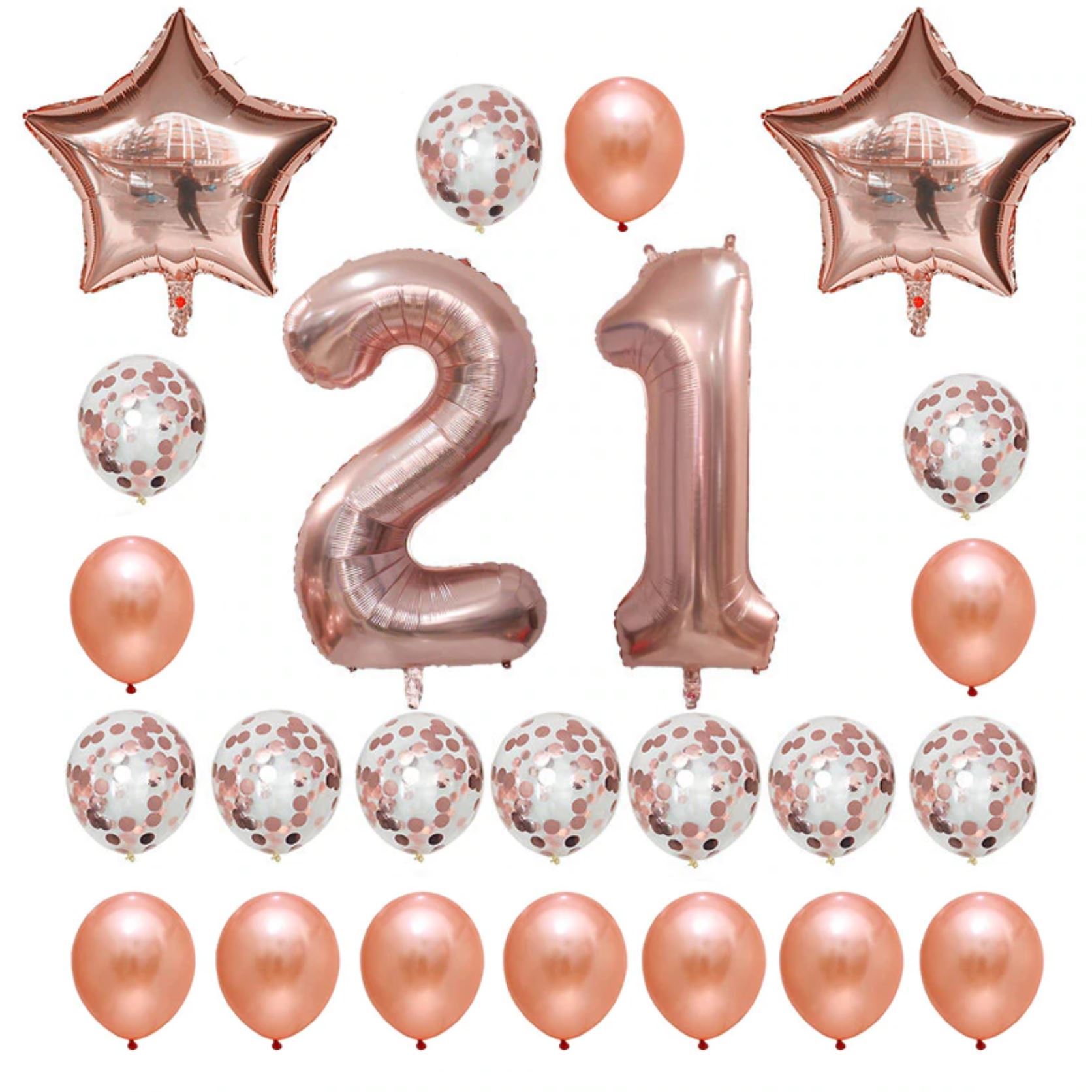 Rose Gold Birthday Number 21 Foil Balloon Bouquet (Pack of 24pcs) - Online Party Supplies