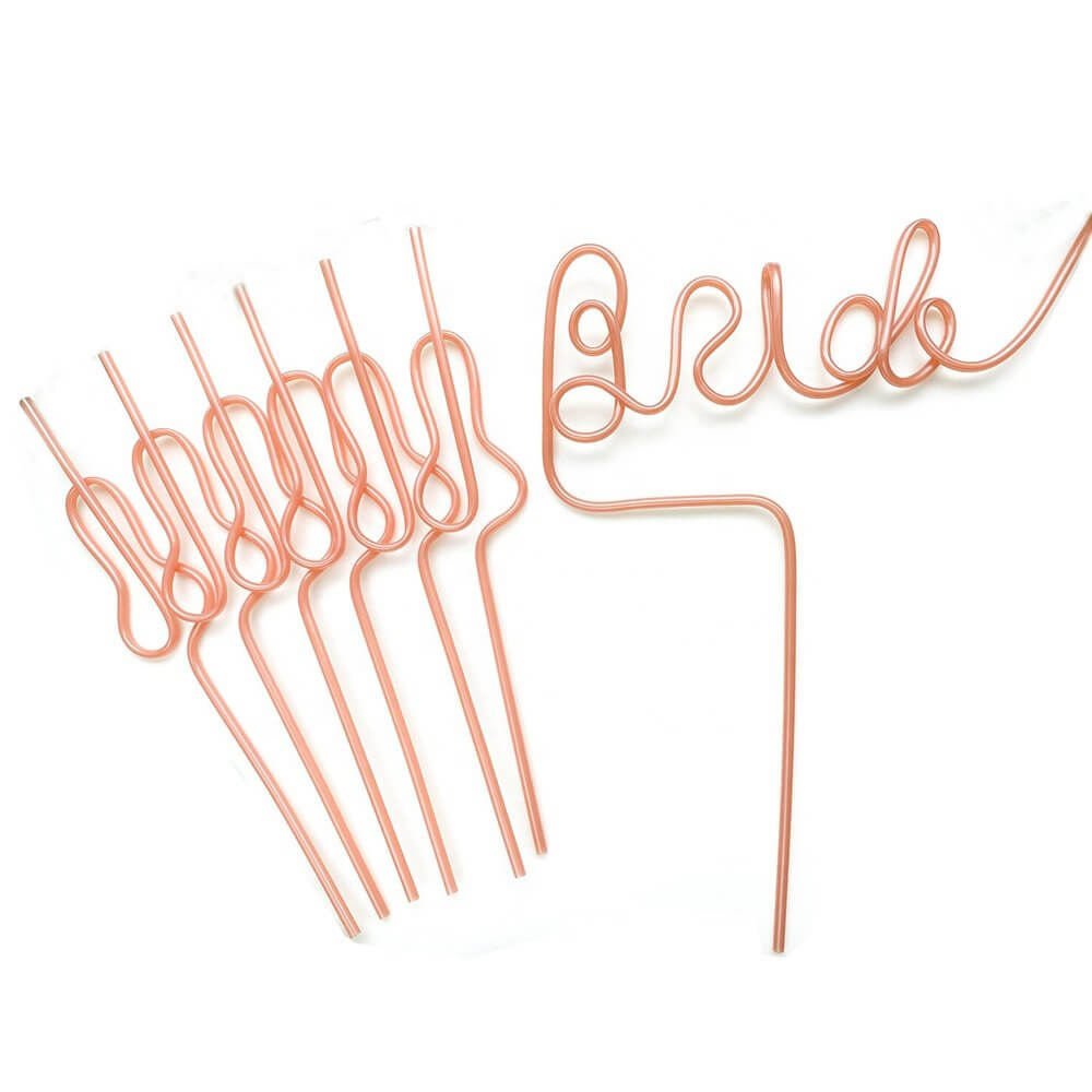 Rose Gold Naughty Hen Party Swirly Penis Bride Drinking Straws Pack of 7 - Bachelorette Party Tablewares and Party Favours