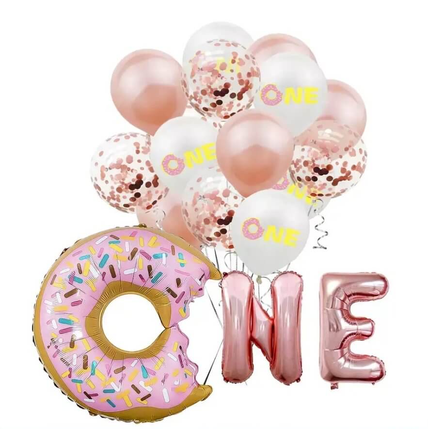 Rose Gold ONE with Sprinkle Donut Balloon Bundle 18 Pack