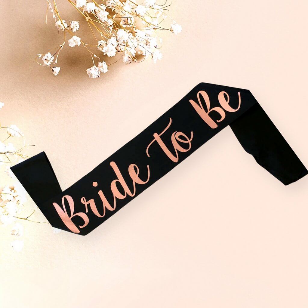 Black Bride To Be Bridal Shower Satin Sash - Rose Gold Print