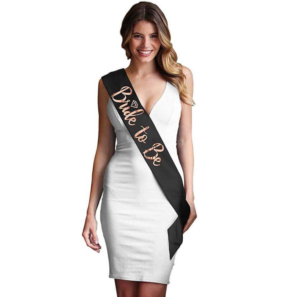 Black 'Bride To Be' Bachelorette Hen Party Satin Sash - Rose Gold Foil Print
