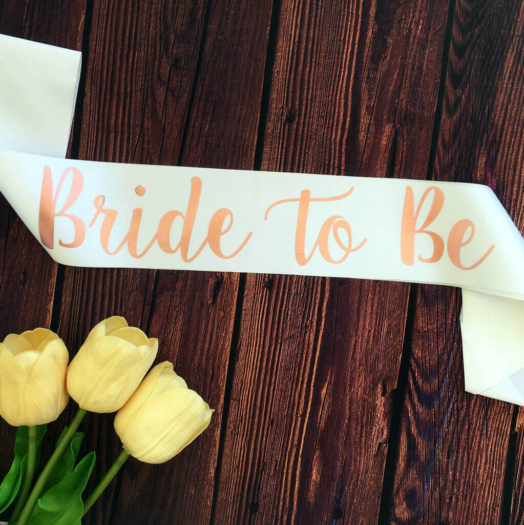 White Bride To Be Bridal Shower Sash - Rose Gold Print