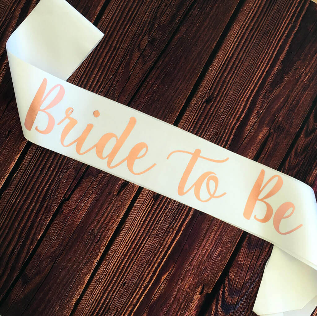 White Bride To Be Bridal Shower Sash - Rose Gold Print