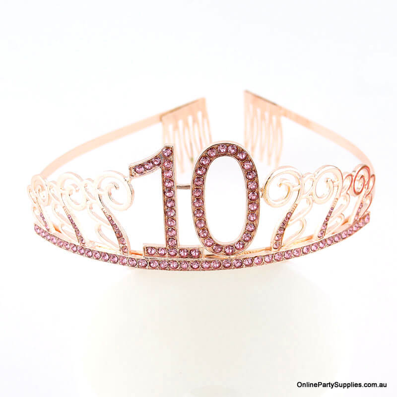 Rose Gold Metal Rhinestone Happy 10th Birthday Tiara