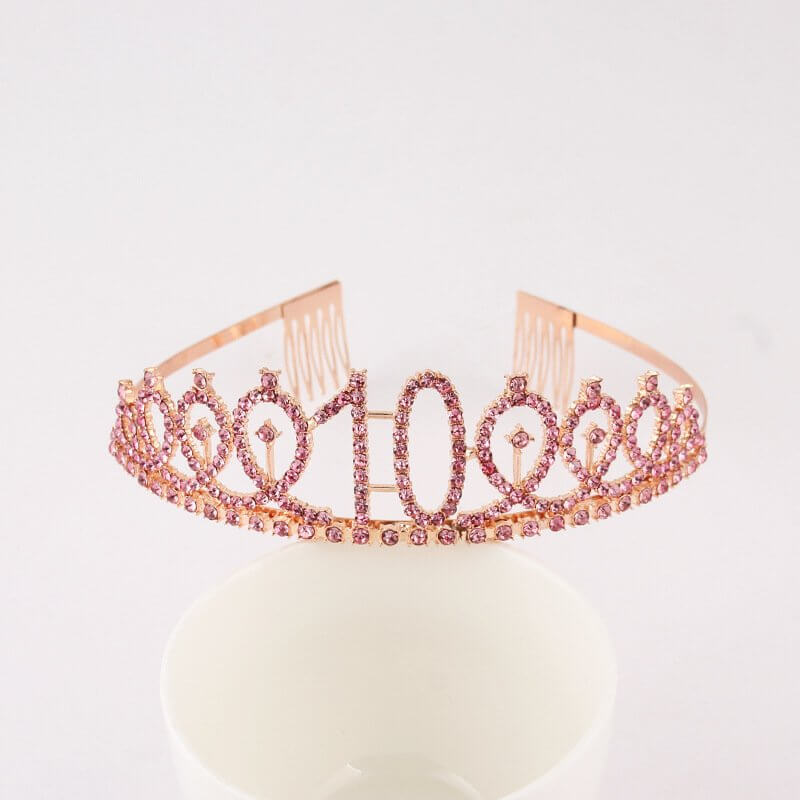 Rose Gold Metal Rhinestone Happy 10th Birthday Tiara - Style 10