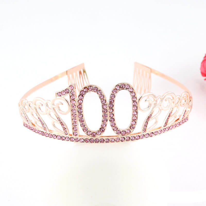 Rose Gold Metal Rhinestone Happy 100th Birthday Tiara