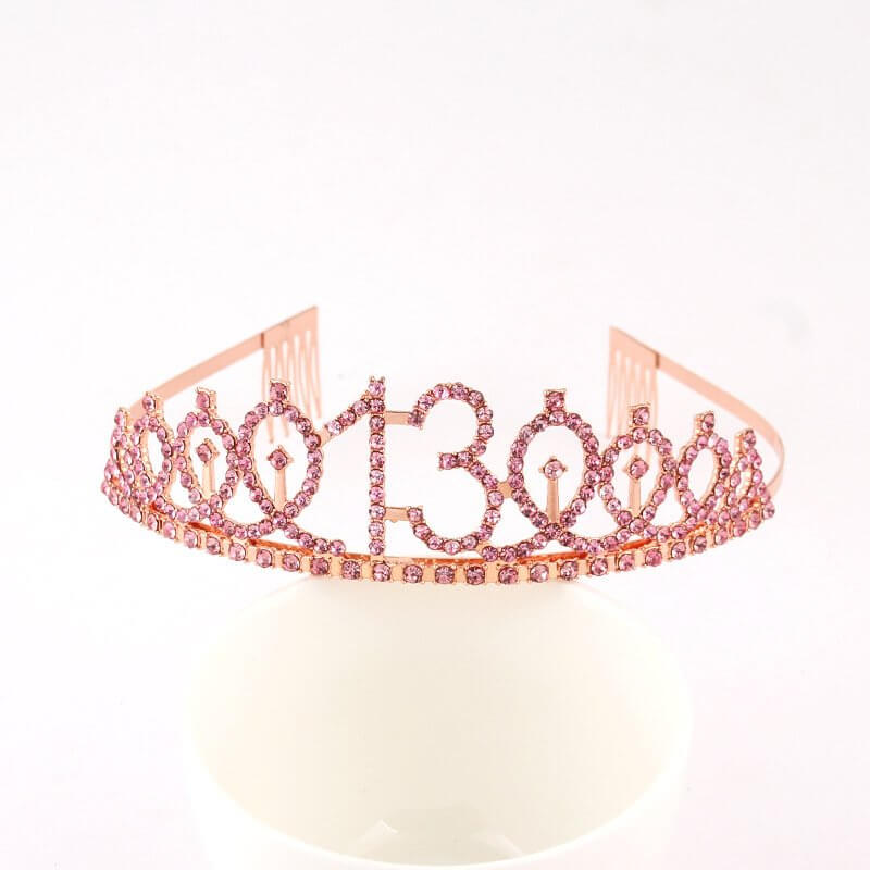 Rose Gold Metal Rhinestone Happy 13th Birthday Tiara - Style 10