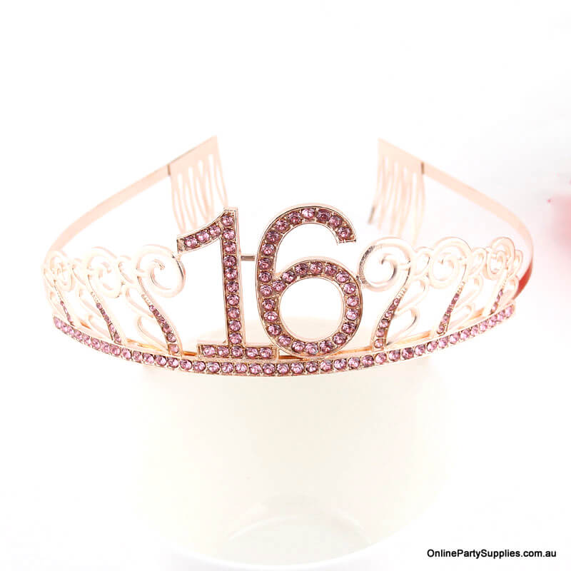 Rose Gold Metal Rhinestone Happy 16th Birthday Tiara